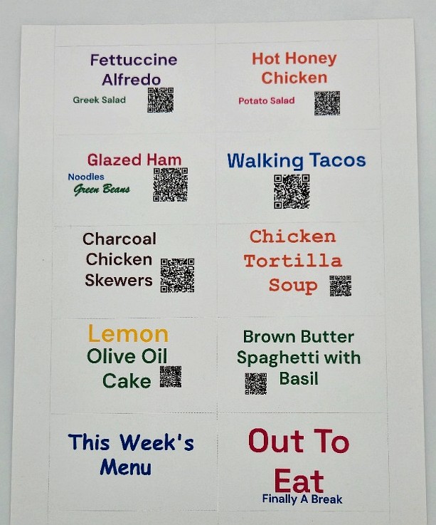Cardplanner printed meal plan cards on the fridge