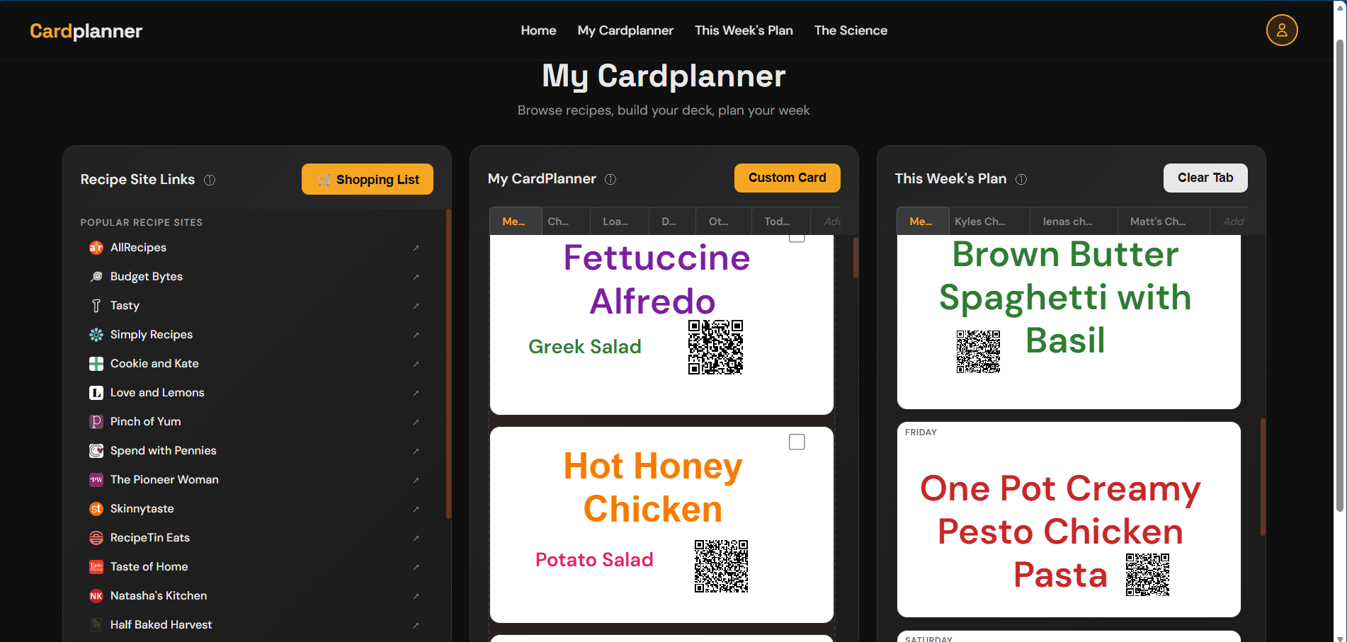 My Cardplanner — Recipe site links, personal card deck, and weekly planner
